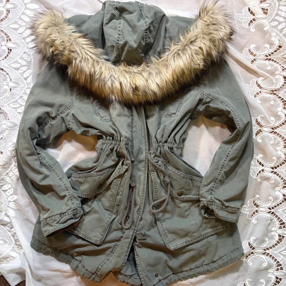 Y2K Fall American Eagle Olive Green Faux Fur Trim Hooded Parka Jacket XL